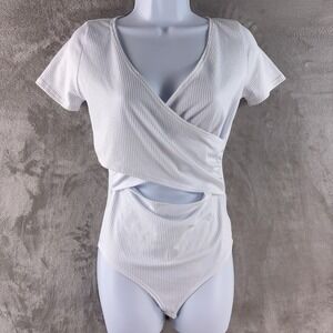 Big John Co Bodysuit Womens Size Medium White Ribbed Stretch Wrap Short Sleeve